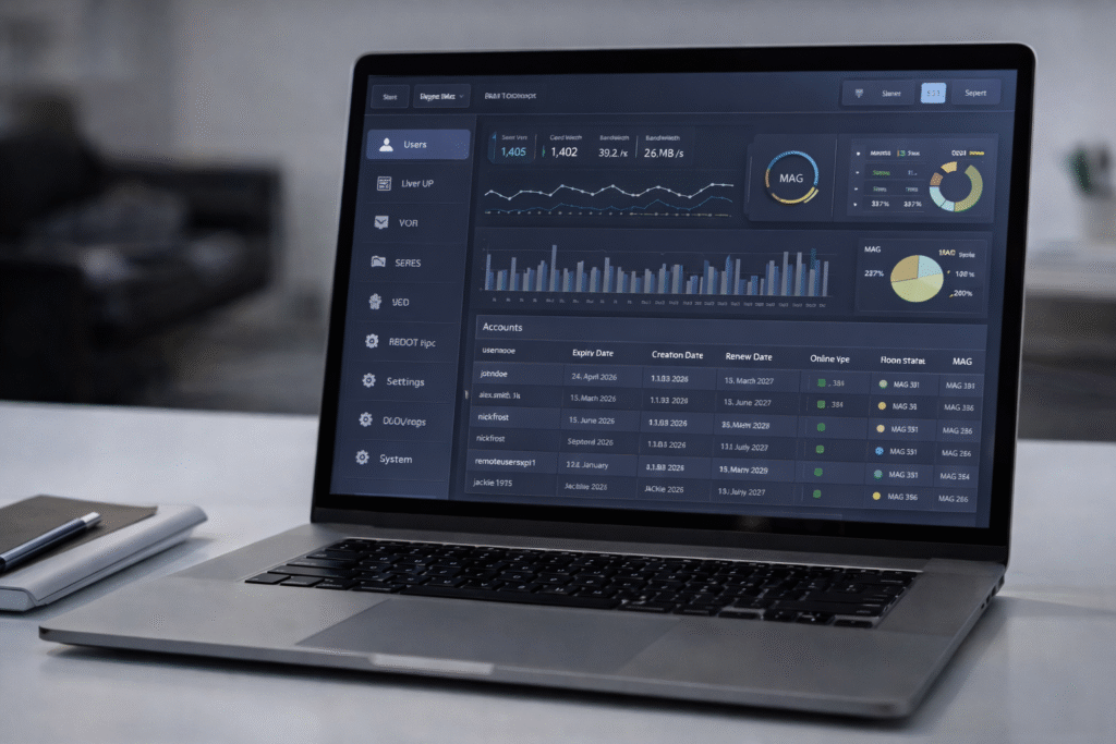 IPTV control panel displayed on a laptop with code and dashboard visuals