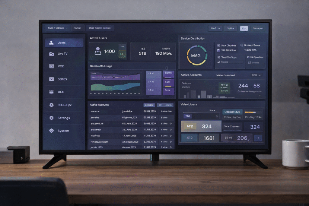 IPTV control panel concept dashboard displaying key system features