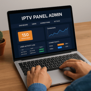 iptv panel admin dashboard with live user data and connection monitoring on a laptop screen