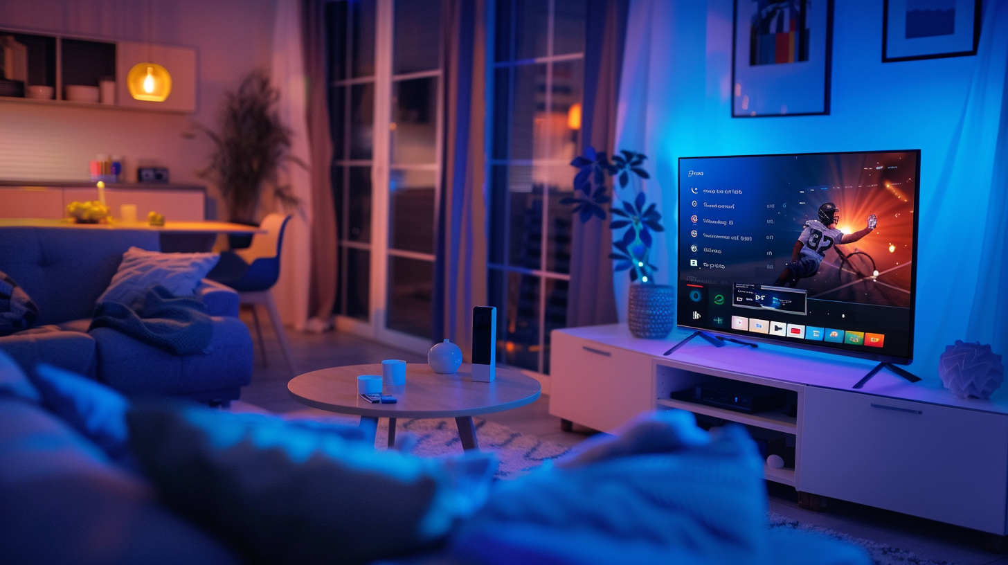 IPTV free trial displayed on a smart TV in a modern living room with live sports streaming in 4K