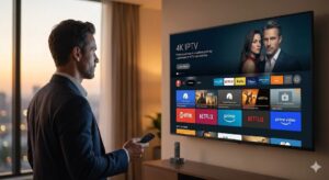 A man in a high-end apartment uses a smart remote to navigate a smooth, zero-buffer 4K interface delivered by a premium iptv service provider.