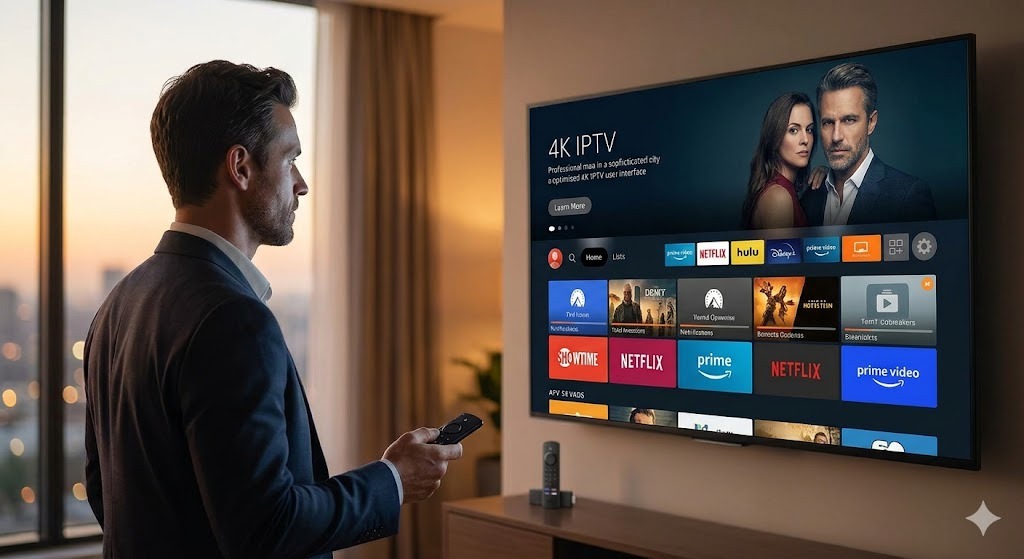 A man in a high-end apartment uses a smart remote to navigate a smooth, zero-buffer 4K interface delivered by a premium iptv service provider.