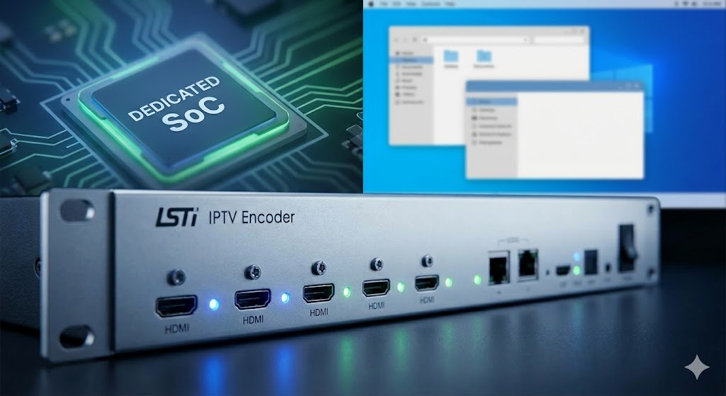 A conceptual comparison visual showing a stable IPTV encoder processor (left) versus generic, multi-tasking computer software (right).
