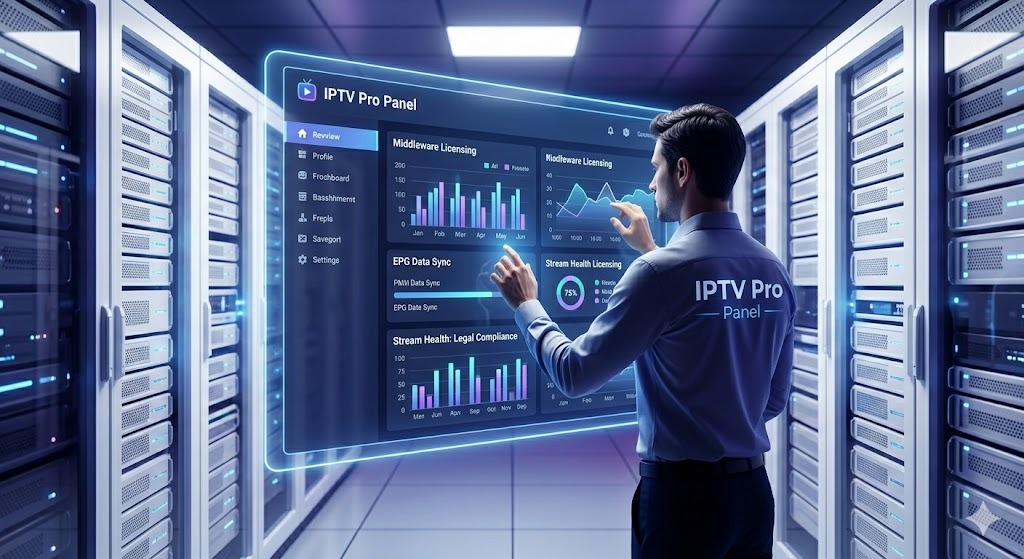 A technician managing a secure IPTV Pro Panel holographic interface in a professional server room, emphasizing infrastructure compliance and stability when people ask, is IPTV legal