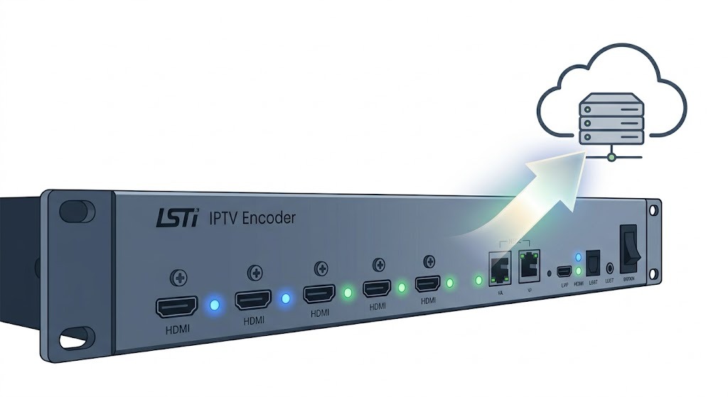 A diagram showing the data flow where a professional IPTV encoder connects directly to a secure streaming ingest server.