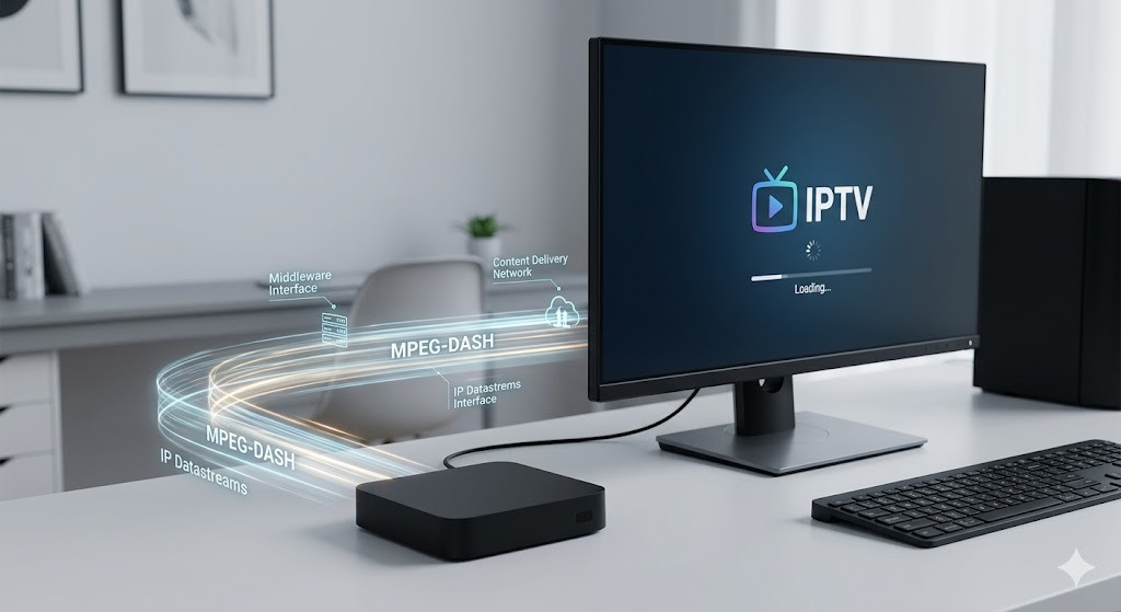 A technical close-up showing how a set-top box processes data streams, illustrating what is IPTV mechanics.