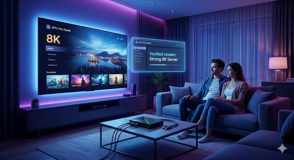 A couple watching premium 8K content in a secure 2026 living room on a large screen, highlighting that a compliant IPTV Pro Panel connection ensures stability when discussing is IPTV legal