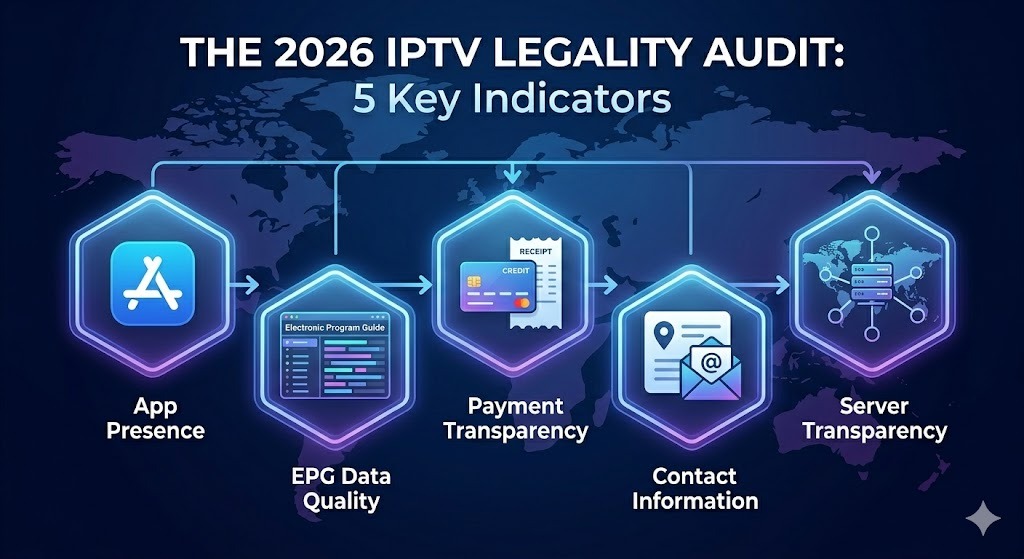 An infographic detailing five key compliance indicators for evaluating a service provider in 2026, answering is IPTV legal