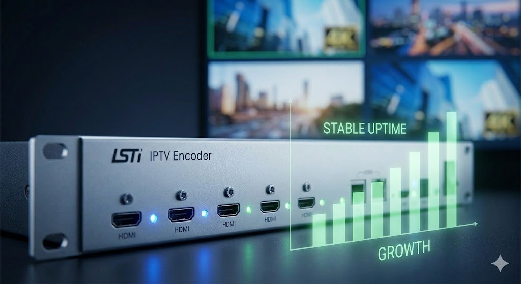 A successful business conceptual image showing multiple flawless 4K streams processed by a reliable IPTV encoder, with growth graphs overlaid.