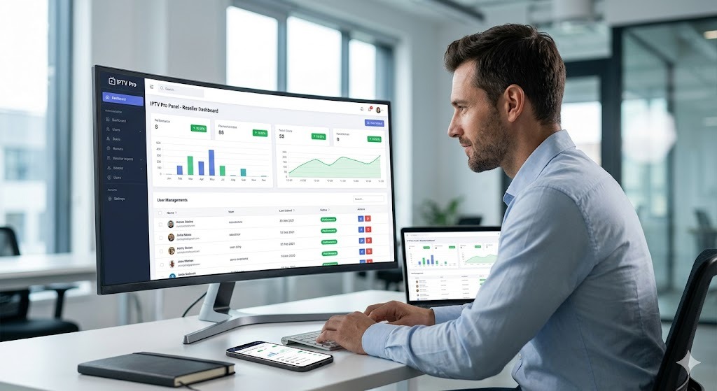 An entrepreneur managing client subscriptions using the professional IPTV Pro Panel reseller dashboard.