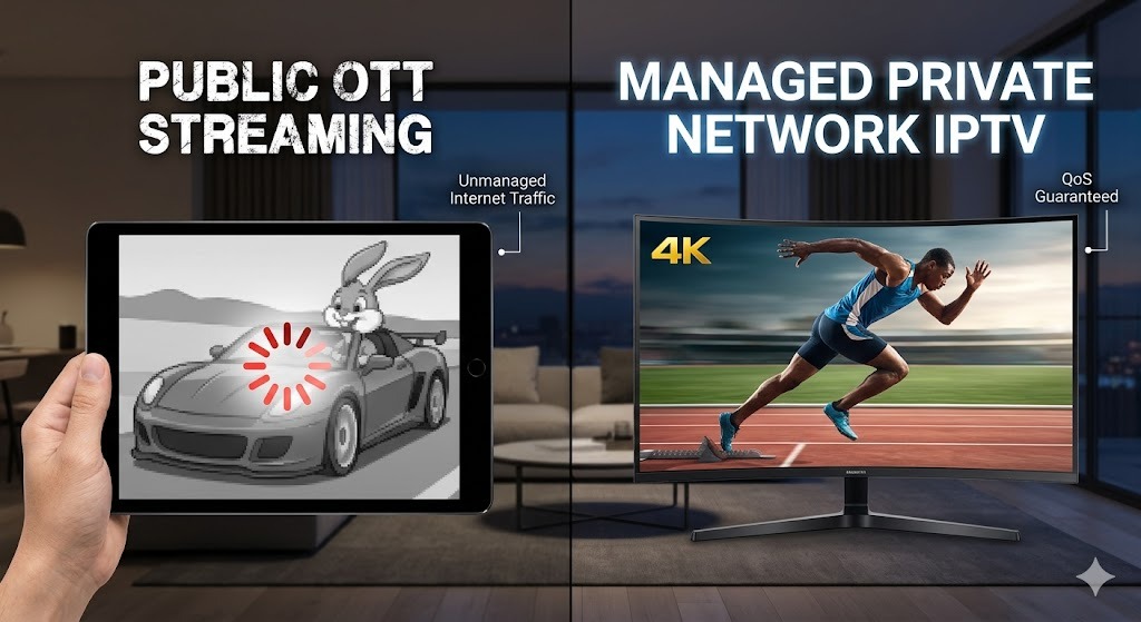A visual comparison contrasting buffering issues on OTT with the smooth, high-quality stream of managed private network IPTV.