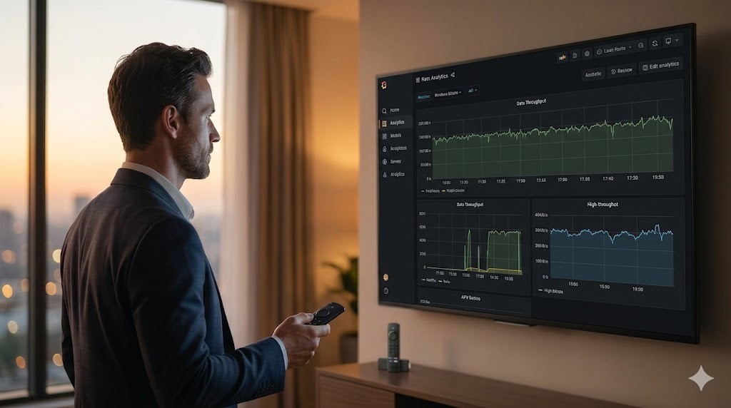 A technical dashboard monitors real-time server stability and network latency, ensuring a buffer-free stream delivered by a professional iptv service provider.