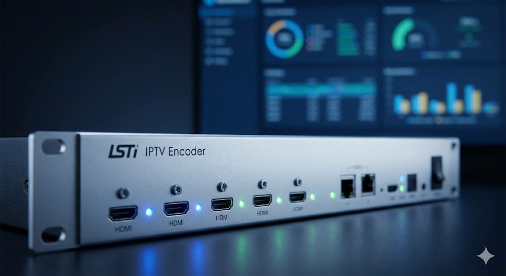 A professional rack-mounted IPTV encoder processing a reliable streaming signal, representing high-tech broadcasting solutions.