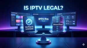 A digital balance scale showing 'Verified & Licensed' services versus 'Unverified' services, optimized for a professional IPTV Pro Panel environment in 2026