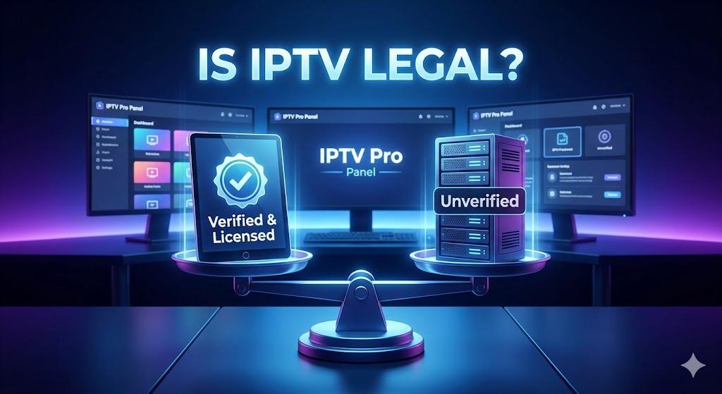 A digital balance scale showing 'Verified & Licensed' services versus 'Unverified' services, optimized for a professional IPTV Pro Panel environment in 2026
