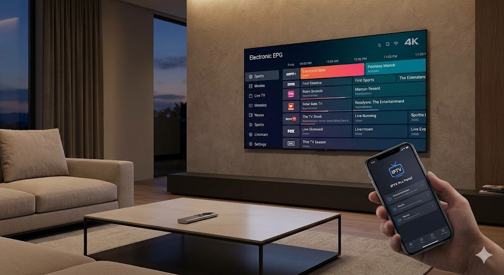A complete modern home entertainment setup illustrating what is IPTV and how it works with a professional EPG and remote control.