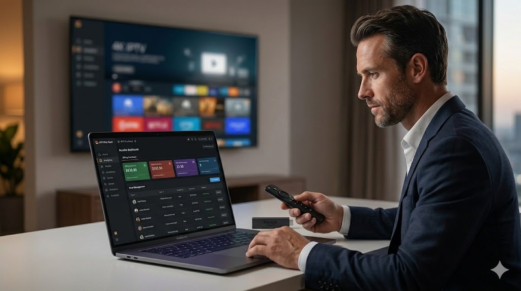 An entrepreneur in a sophisticated apartment manages a white-label reseller panel, automated billing, and customer accounts provided by a specialized iptv service provider.