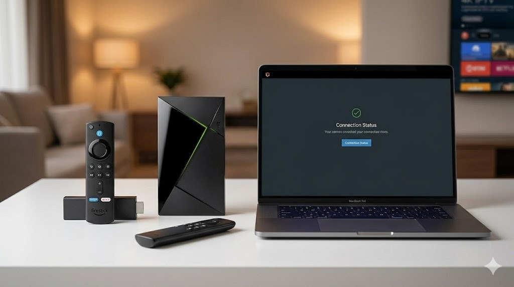 A neat arrangement of an Amazon Firestick 4K Max, Nvidia Shield Pro, smart remote, and a laptop displaying the connection status for a versatile iptv service provider.