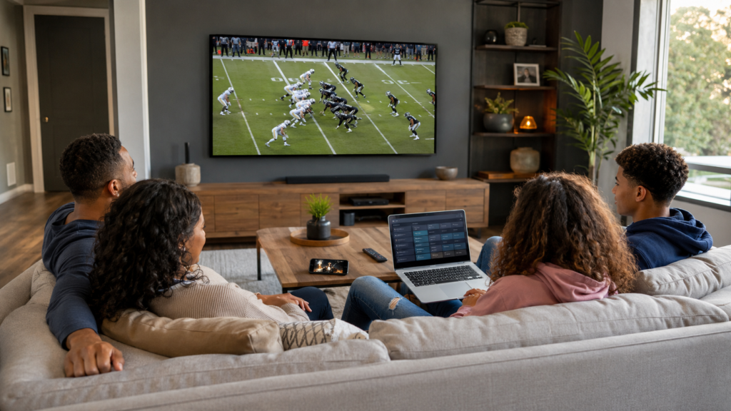 Best IPTV service streaming live sports and movies on TV, laptop, and smartphone in a modern American living room