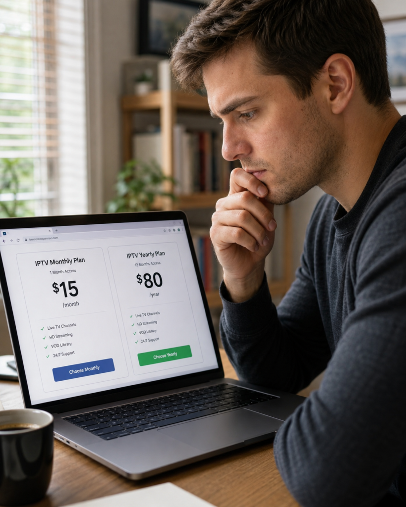 iptv service Choosing the best IPTV service by comparing monthly and yearly subscription prices on a laptop screen