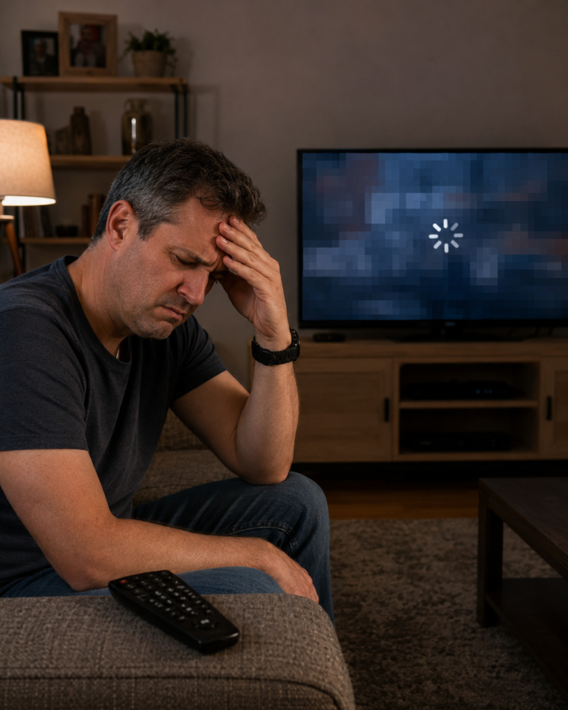 iptv service Common mistake when choosing IPTV service – frustrated viewer experiencing buffering and frozen stream on television