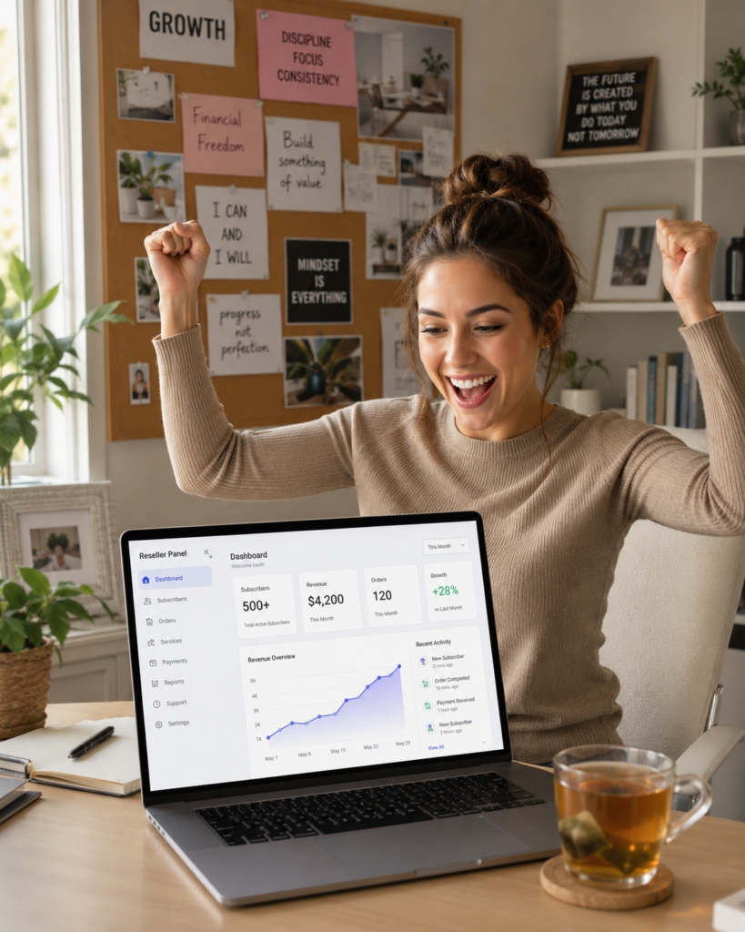iptv service Entrepreneur celebrating successful IPTV reselling business using best IPTV service panel on laptop computer