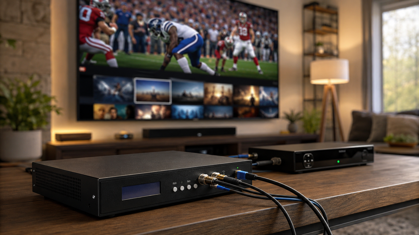 An IPTV encoder box connected to a TV showing live sports and movies in a modern American living room