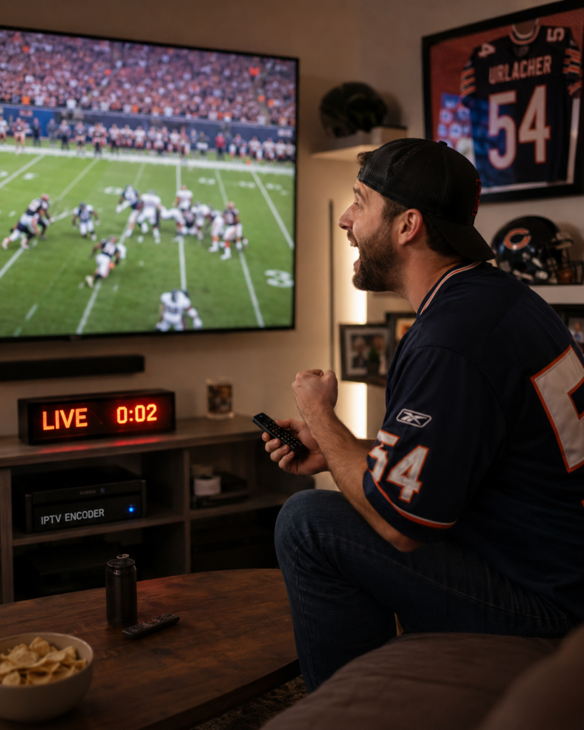 American sports fan watching live football with under 2 second latency using an IPTV encoder box