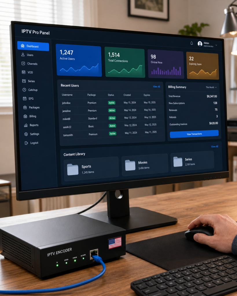 IPTV Pro Panel dashboard showing subscriber management connected to an IPTV encoder box