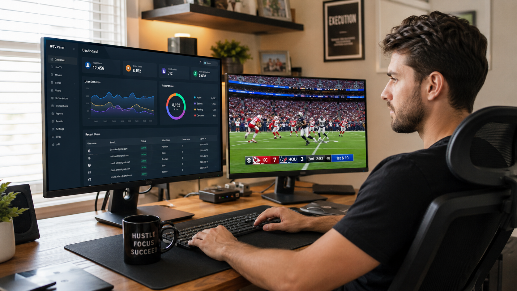 Entrepreneur running an IPTV reseller business using an IPTV panel dashboard on dual monitors while watching American football.