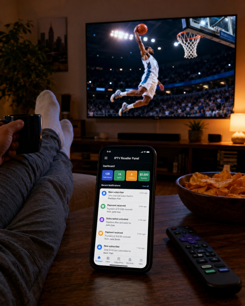 IPTV Providers Sports fan watching NBA on TV while receiving subscriber payments through an IPTV panel on smartphone.
