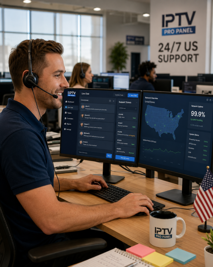 IPTV Providers Customer support agent monitoring IPTV Pro Panel dashboard with 99.9 percent uptime guarantee and US map showing nationwide service.