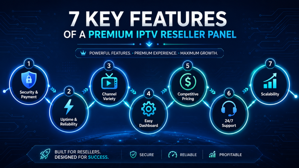 Infographic showing 7 key features of a top IPTV reseller panel: security, reliability, channel variety, user-friendly dashboard, competitive pricing, 24/7 support, and scalability