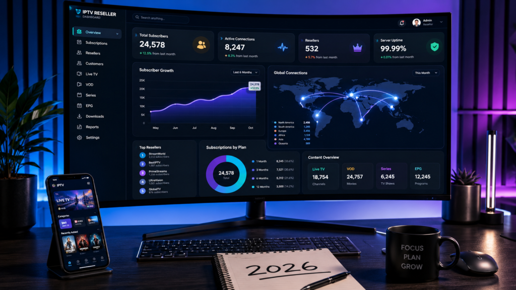Modern workspace featuring IPTV reseller dashboard on monitor with subscriber analytics, growth charts, and streaming apps - representing the best IPTV reseller panel 2026 for entrepreneurs