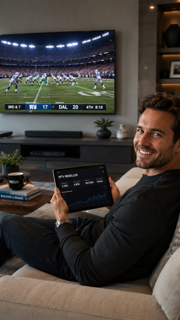 IPTV reseller panel business owner watching live NFL sports on TV with a tablet

