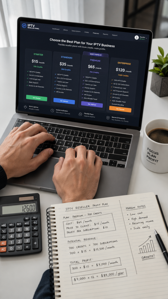 IPTV reseller panel pricing plans displayed on a laptop with profit calculations nearby

