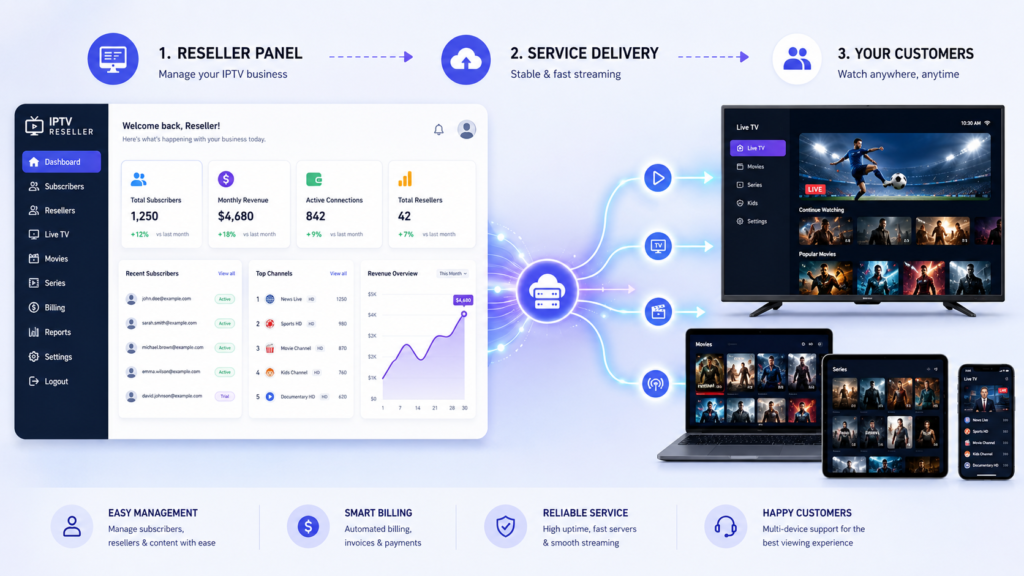 IPTV reseller panel dashboard interface showing subscriber management, billing tools, and channel distribution to multiple devices - visual guide for understanding IPTV reselling