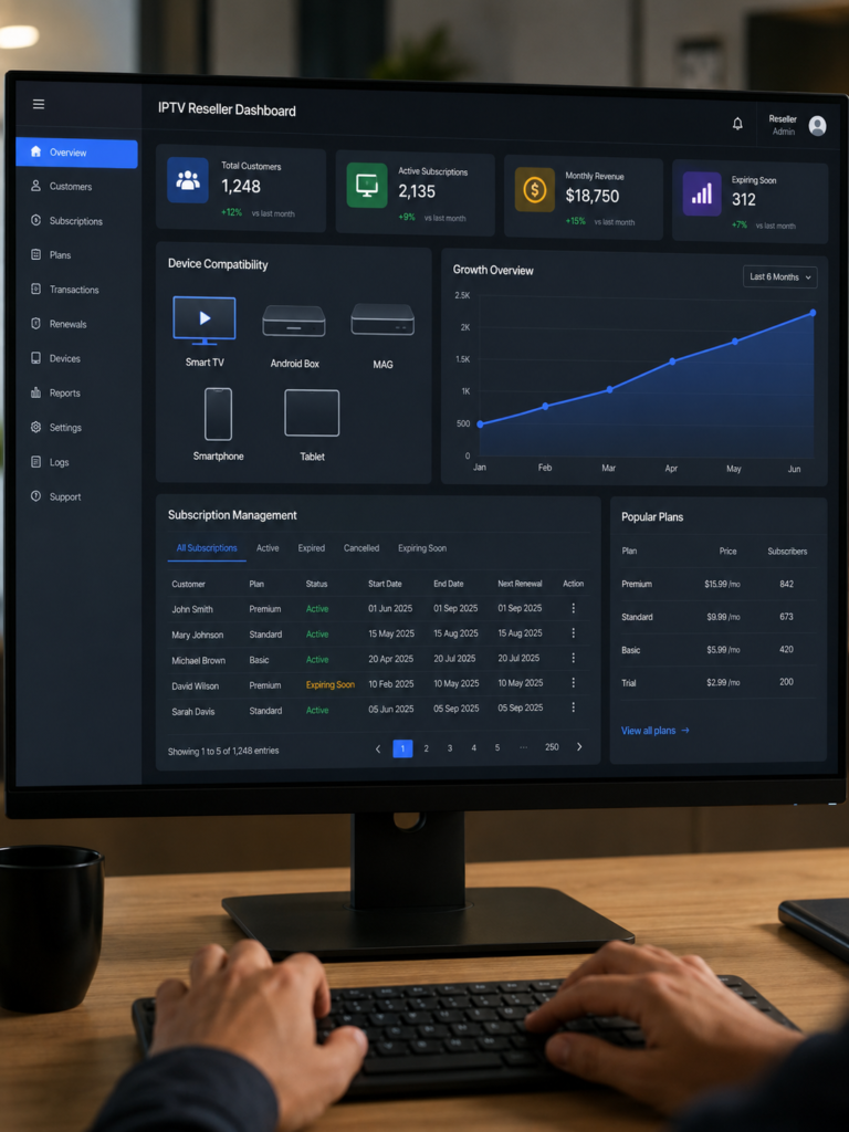 Close-up of an IPTV panel for multiple devices showing device compatibility and management features