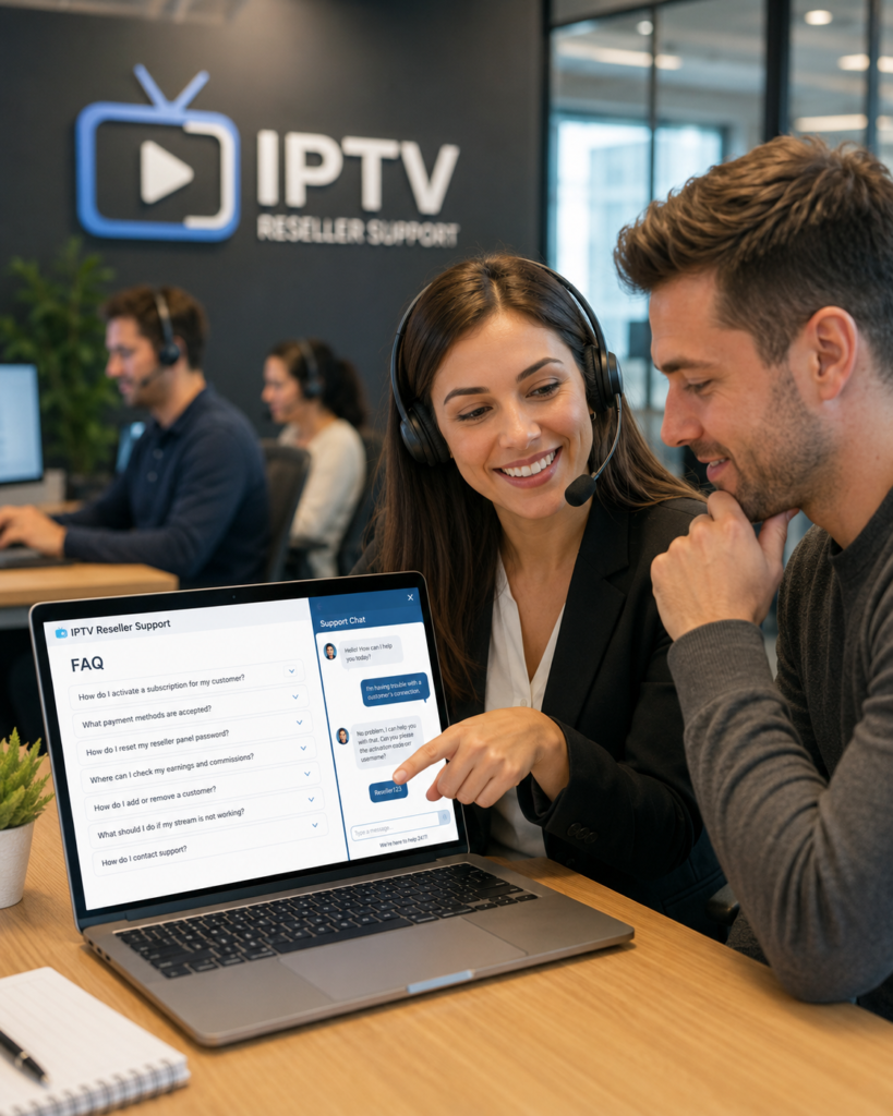 Customer support helping a reseller with an IPTV panel for multiple devices FAQ questions