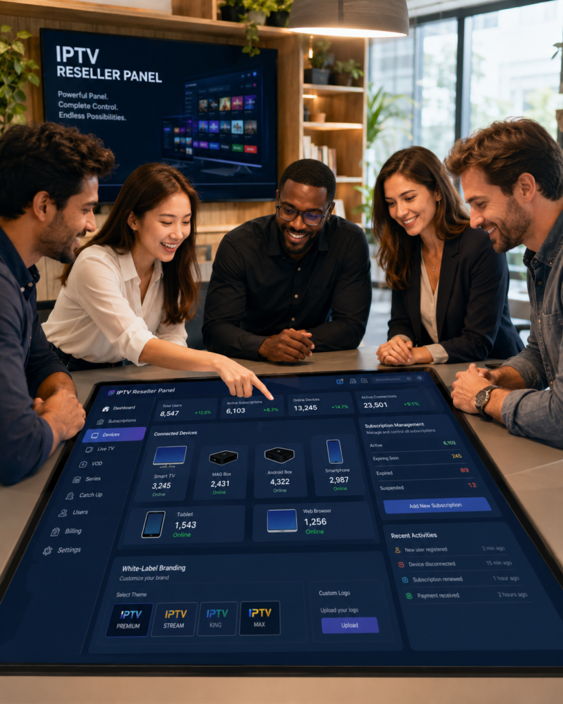 Team of resellers using an IPTV panel for multiple devices with white-label branding on a large screen
