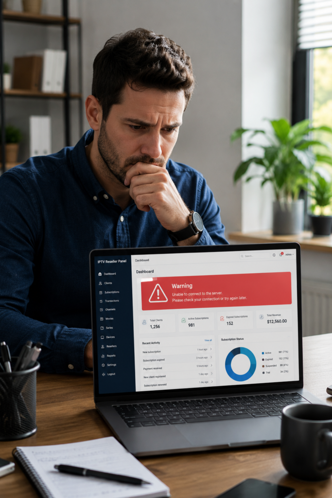 Trex Reseller Panel IPTV reseller reviewing a provider dashboard for issues, avoiding common mistakes when choosing a panel