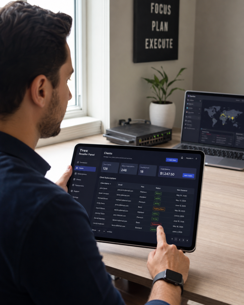Trex Reseller Panel IPTV reseller checking credit balance and client accounts on a Trex reseller panel using a tablet device