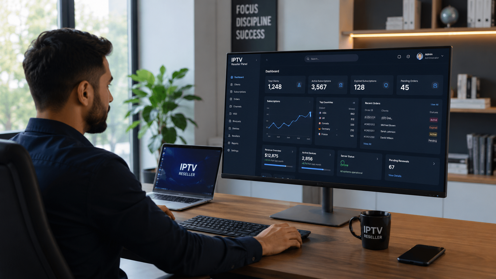 IPTV reseller using a Trex reseller panel dashboard to manage client subscriptions on a computer screen