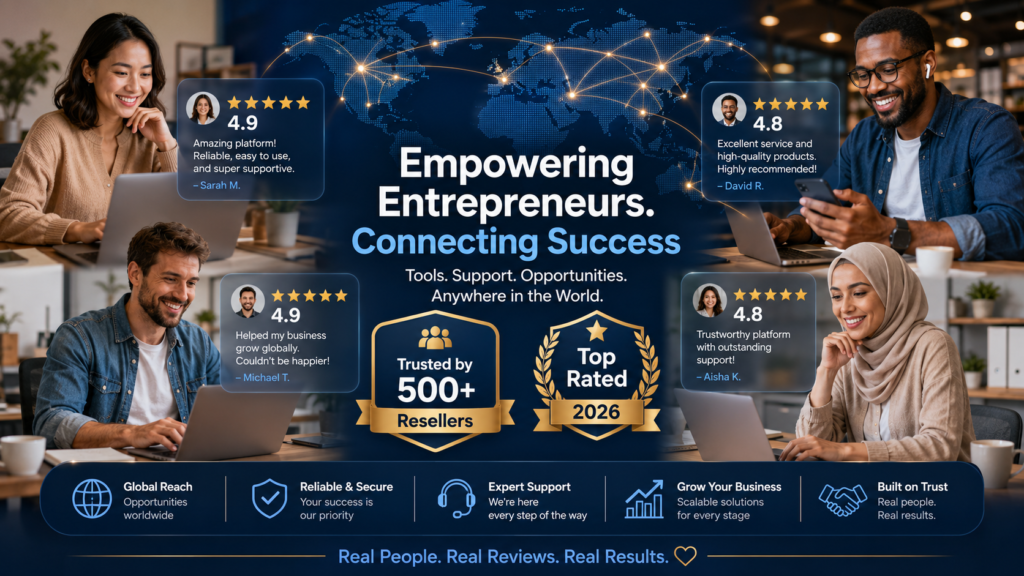 Happy entrepreneurs and IPTV resellers working remotely with laptops and smartphones, featuring 4.9-star ratings and trust badges for the best IPTV reseller panel 2026