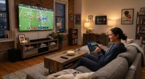 Trusted IPTV reseller streaming live sports on a large TV in a modern American living room