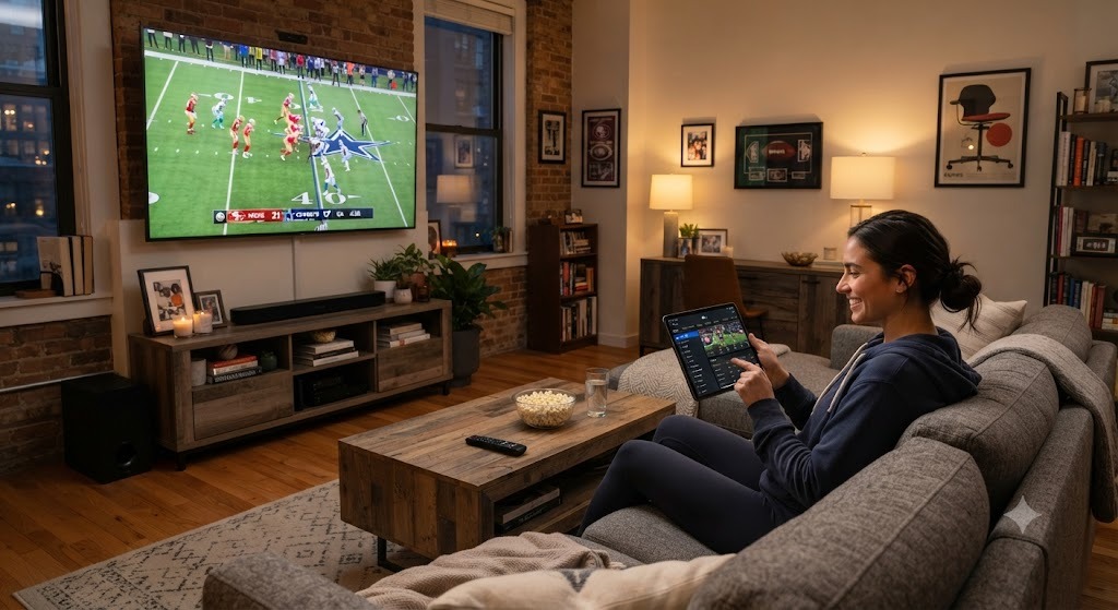 Trusted IPTV reseller streaming live sports on a large TV in a modern American living room