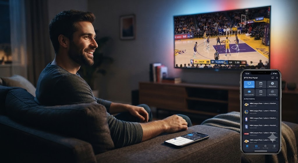 Trusted IPTV reseller streaming a 4K sports match through IPTV Pro Panel in a living room