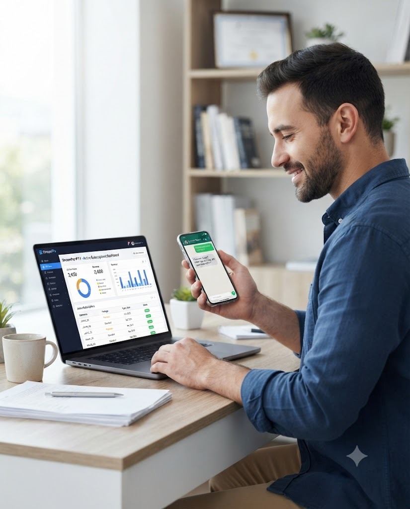 Trusted IPTV reseller receiving customer support via smartphone while managing a panel on a laptop